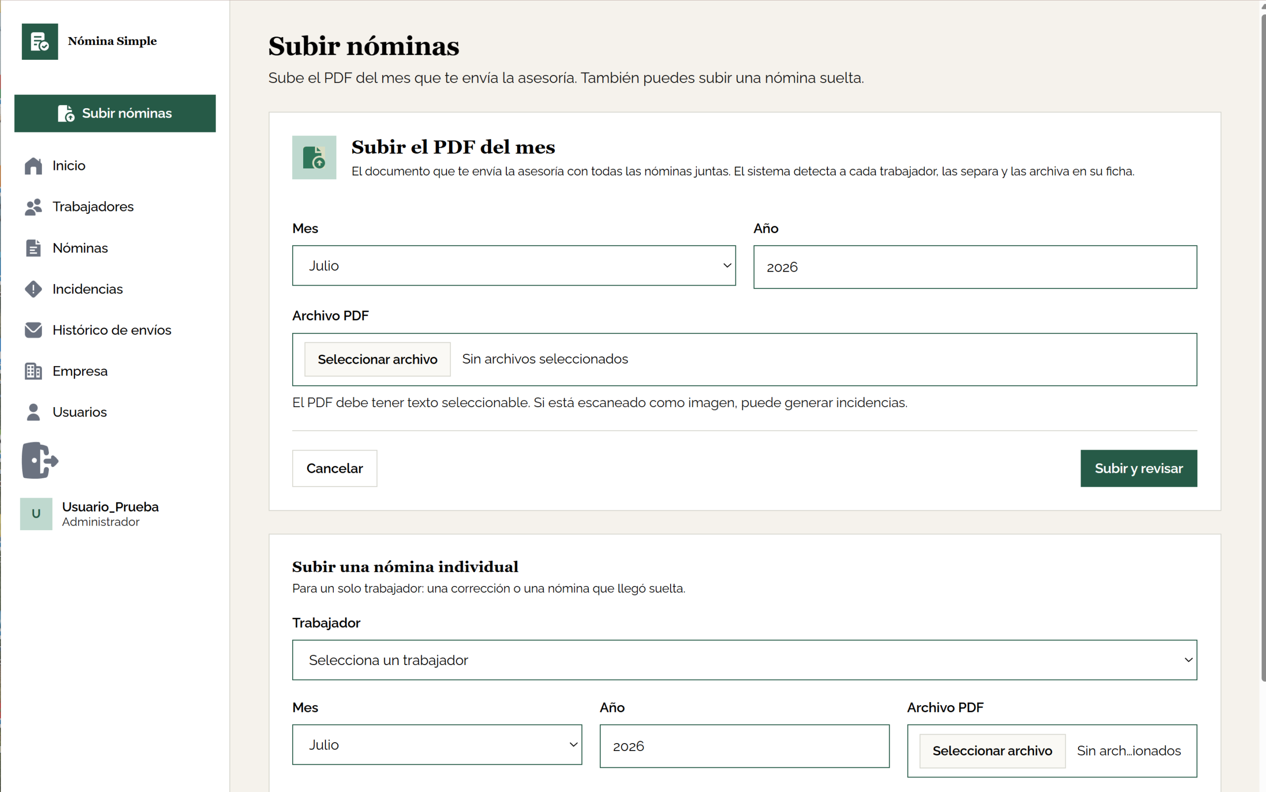 Formulario para procesar nóminas en PDF